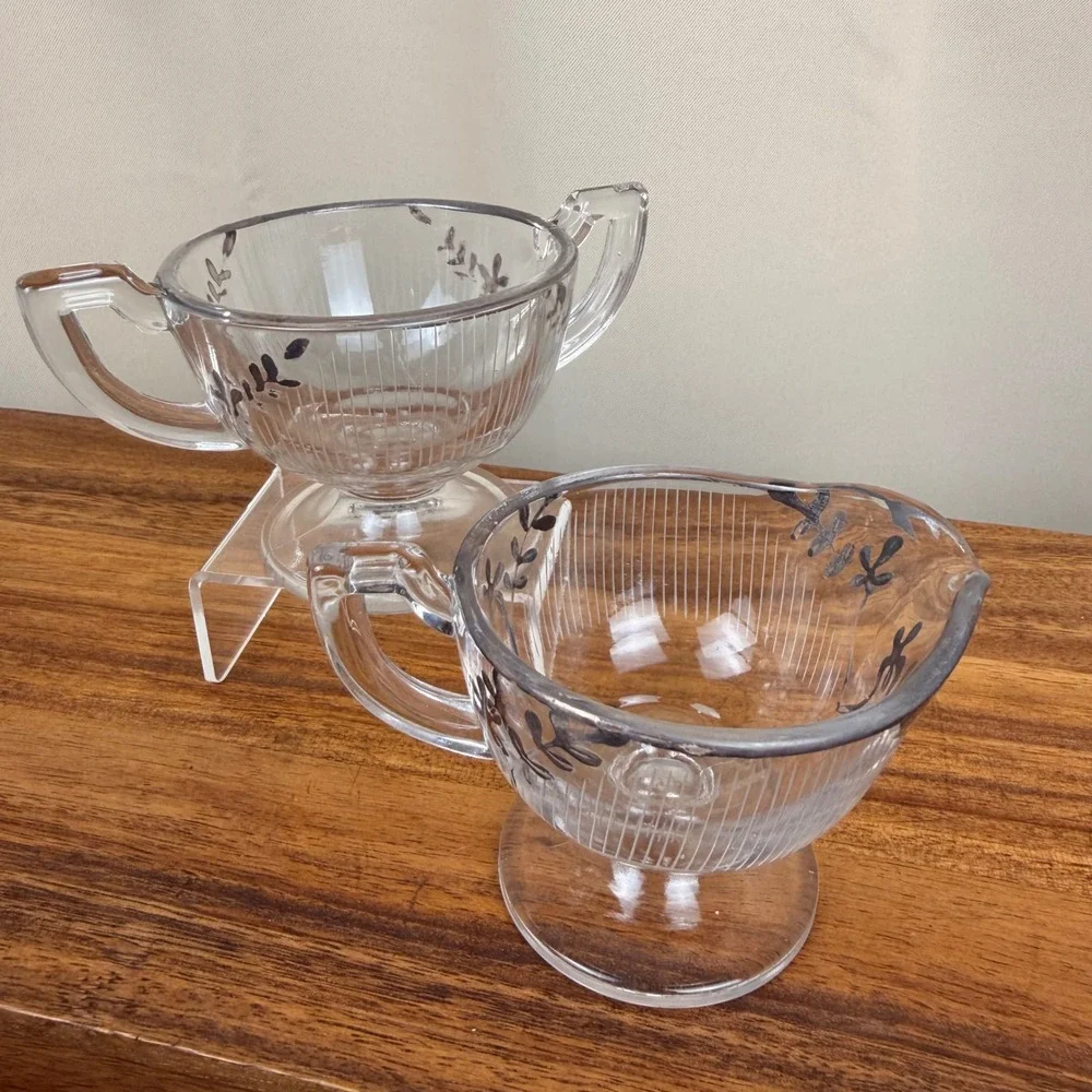 Vintage Art Deco Glass Creamer and Sugar Set  Floral Silver  Overlay Rim Ribbed
